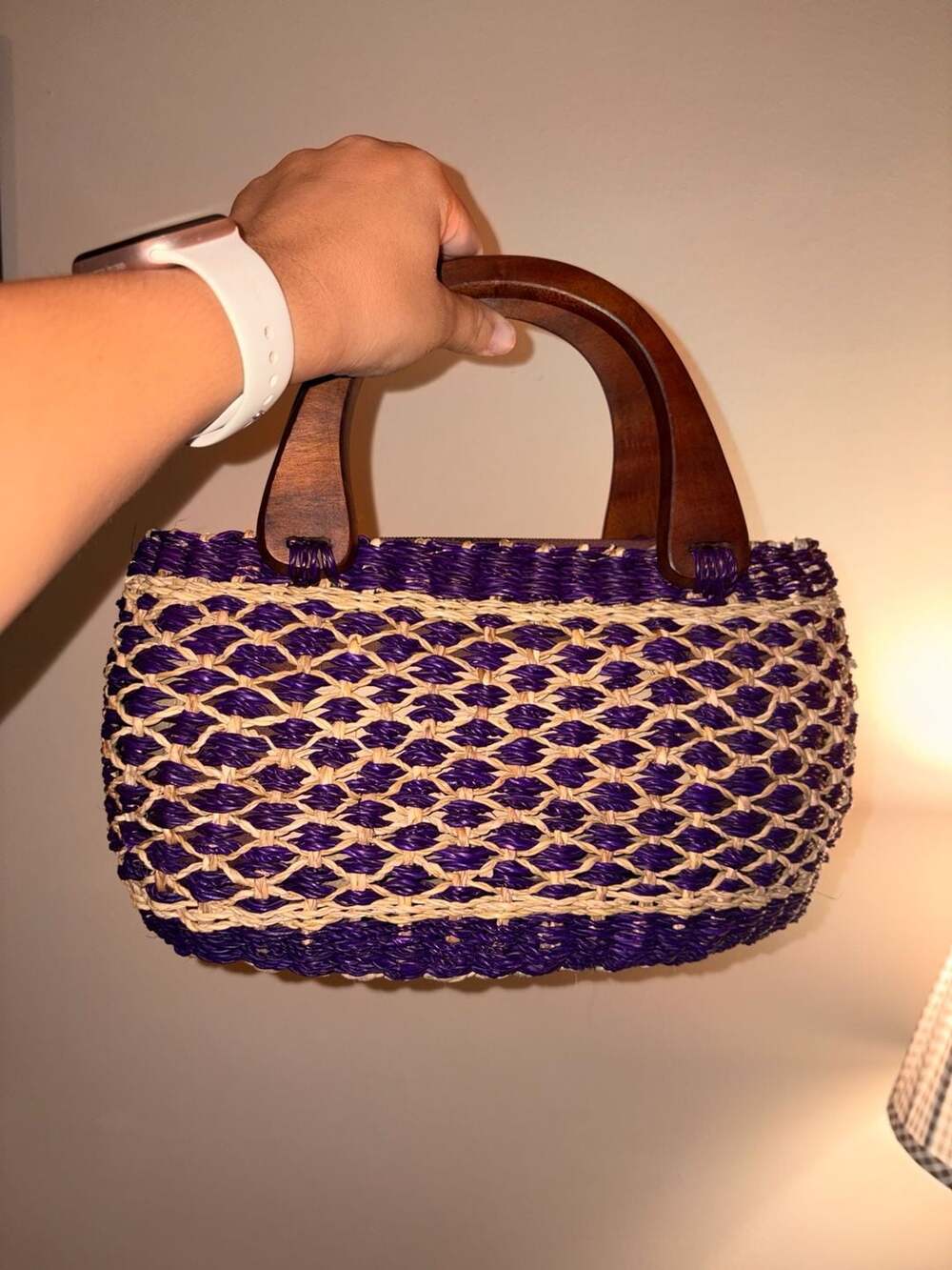 Purple and Tan Woven Straw Handbag with Wooden Handles